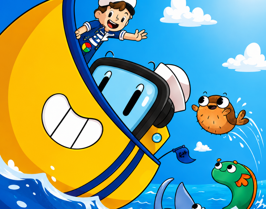 Rocky the yellow boat riding a wave with Skipper and the crew